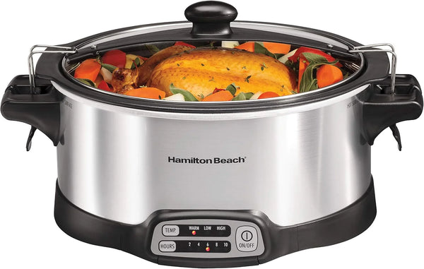 2025 Hamilton Beach Programmable Slow Cooker with 6 Quart Stovetop-Safe Sear & Cook Crock & Travel Lid Lock for Portable Transport, Silver (33663)