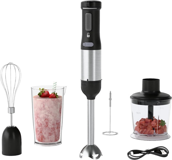 2025 Cordless Immersion Hand Blender, 5-in-1 Variable Speed blender handheld,Rechargeable with 2000mAh Battery, BPA-Free & Dishwasher-Safe Accessories:700ml Beaker,Chopper,Whisk & Milk Frother,Black