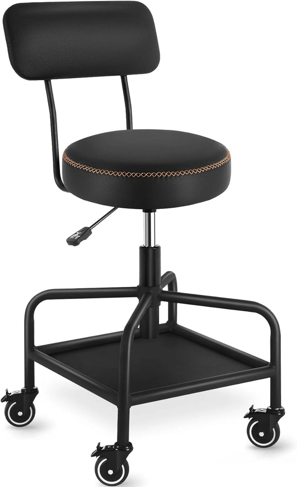 2025 Shop Stool with Lockable Rubber Wheels Adjustable Backrest Tool Tray Storage 400 lb Capacity Rolling Garage Stool (Black)