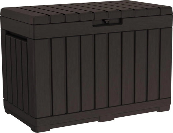 2025 Keter Kentwood 50 Gallon Resin Deck Box-Organization and Storage for Patio Cushions, Throw Pillows and Garden Tools, Brown