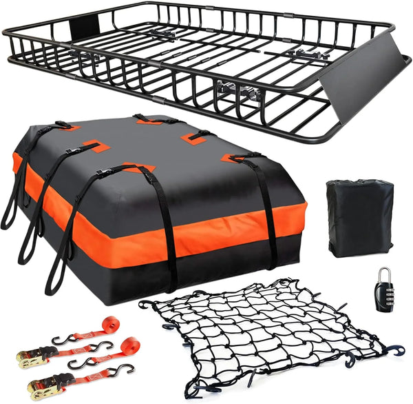 2025 MeeFar Roof Rack Carrier Basket Universal Rooftop 65" X 39" X 6" Large Size Roof Rack + Waterproof Bag 20 Cubic Feet (51" 40" 17"), and Cargo Net with Attachment Hooks, Ratchet Straps