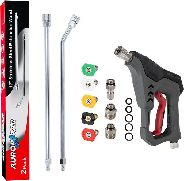 2025 17 Inch Pressure Washer Extension Wand, Stainless Steel Lance 1/4 Inch Quick Connect and 5000 PSI Commercial Pressure Washer Short Gun with 5 Spray Nozzle Tips, 3/8" Quick Connect Plug and M22-14/15mm