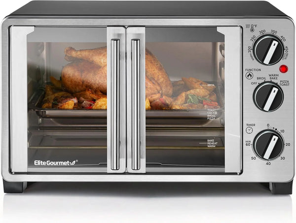 2025 Elite Gourmet ETO2530M Double French Door Countertop Toaster Oven, Bake, Broil, Toast, Keep Warm, Fits 12" pizza, 25L capacity, Stainless Steel & Black