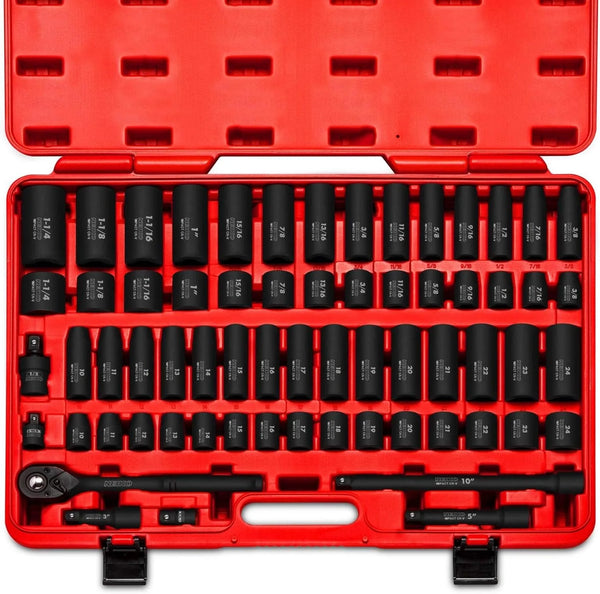 2025 02448A 1/2" Drive Master Impact Socket Set, 65 Piece, Standard SAE (3/8"-1-1/4") & Metric (10-24 mm) Sizes, Deep & Shallow Kit, Includes Adapters & Ratchet Handle