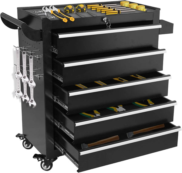 2025 5 Drawers Rolling Tool Chest, Metal Tool Box with Lock Garage Storage Cabinets Sliding Tool Drawer Cart on Wheels Toolbox Organization Workbench for Workshop Warehouse Repair Shop