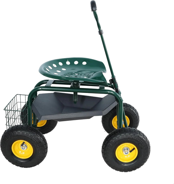 2025 Heavy Duty Garden Cart Rolling Scooter with Adjustable Swivel Seat, 360¡ã Rotation, 10" Pneumatic Tires, Extendable Steering Handle & Tool Basket ¨C Outdoor Yard Gardening Seat with Storage Tray (Green)