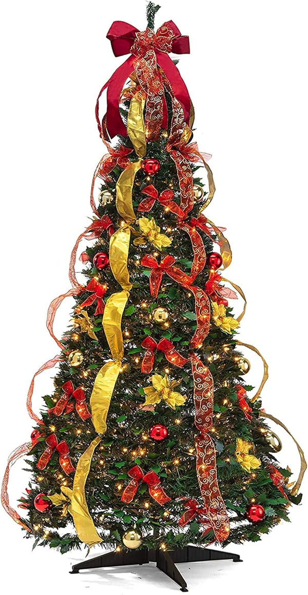 2025 6 ft Fully Decorated Christmas Tree, Gold and Red Collapsible Christmas Tree with 350 Warm Lights, Bows, Ornaments, Holly Leaves and More, Pop Up Xmas Trees with Lights
