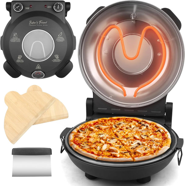 2025 Baker’s Friend Electric Pizza Oven Indoor Countertop, 12 Inch Pizza Maker Machine for Home, Pizza Cooker & Pizza Grill, Premium Glazed Ceramic Stone Pizza Oven, Graphite Gray