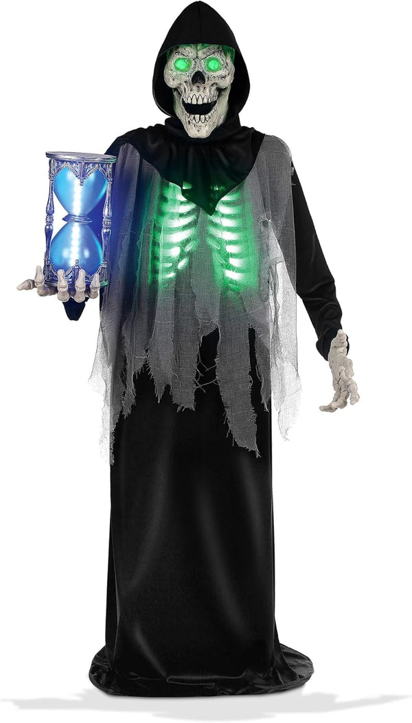 2025 6.5ft Halloween Animatronic Grim Reaper, Mr. Grim Outdoor Halloween Decoration Standing Poseable Figure with Rotating Head, Light-up, Sound and Motion Activated
