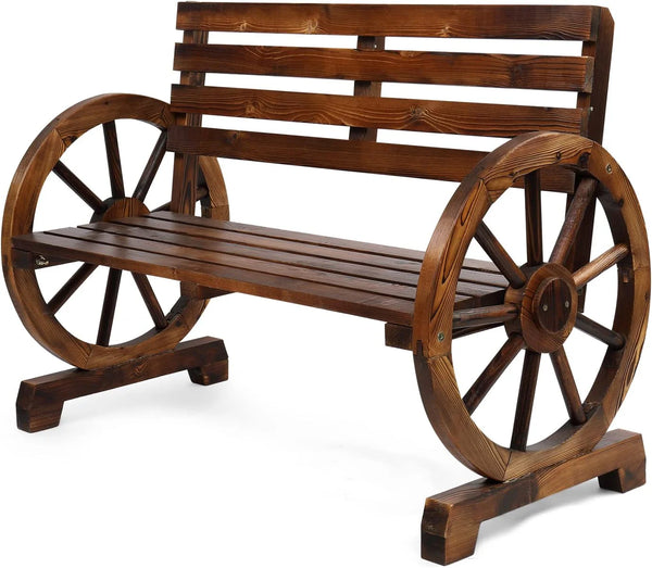 2025 VINGLI 41" Rustic Wooden Wheel Bench Outdoor Bench, 2-Person Patio Bench Wagon Slatted Seat, Garden Benches for Outdoors 350lbs High Capacity, Weather Resistance