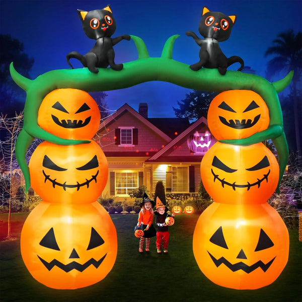 2025 DearSun 9FT H Giant Halloween Inflatable Pumpkin Archway with Two Black Witch's Cats, Halloween Inflatable Arch with Build-in LED Lights Outdoor Decorations Large Party Yard Decoration