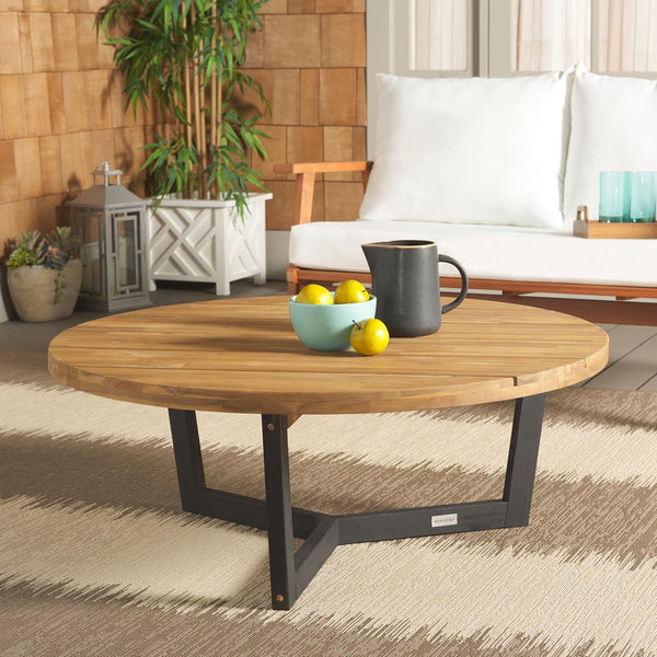2025 Outdoor Collection Leo Natural/Black Solid Wood Round Coffee Table