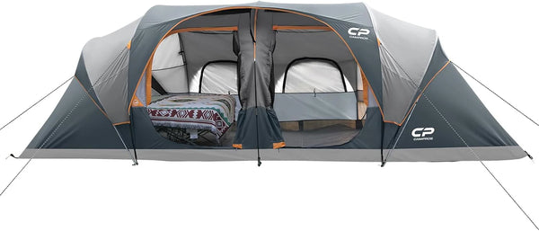 2025 CAMPROS CP Tent 12-Person-Camping-Tents,3 Room Family Tents,Waterproof Windproof Family Tent with Top Rainfly,6 Large Mesh Windows,Double Layer,Easy Set Up, Portable with Carry Bag-20' x 9' x 72"(H)