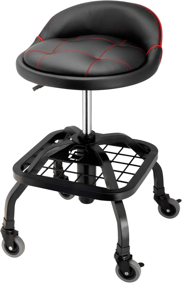 2025 Powerbuilt Rolling Stool Shop Seat with Padding and Lumbar Support, Garage, 330 Pound Capacity - 240338, Black