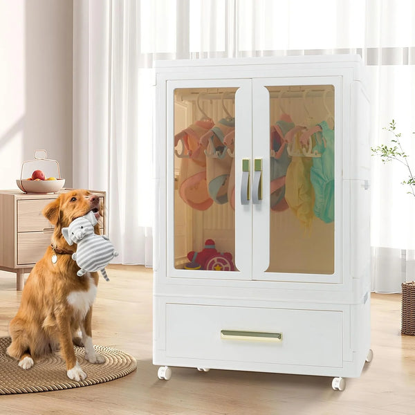 2025 Pet Wardrobe Closet - Stackable Storage Bins with Doors, Wheels, and Hanging Rods - Stackable Drawers - Dog Accessories, Toys, Clothes