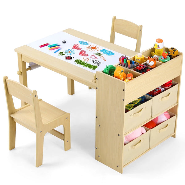 2025 Pirecart Kids Art Table and 2 Chairs Toddler Craft Set Wooden Play Activity Drawing Table with 4 Storage Bins and Paper Roll