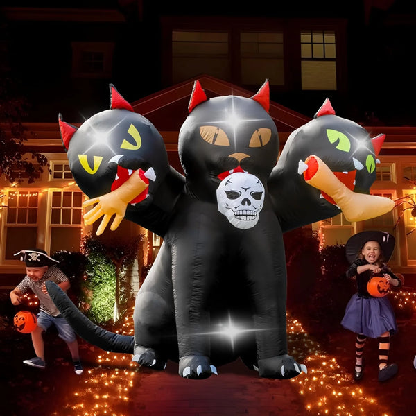 2025 6.5 FT Halloween Inflatables Outdoor Black Cat with 3 Heads,Blow Up Yard Decoration with Magic Built-in LED Lights for Halloween Party Outdoor Yard Garden