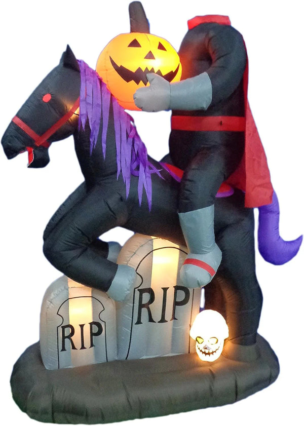 2025 6.5 Foot Tall Lighted Halloween Inflatable Headless Horseman with Horse Tombstones Skull and Pumpkin Lights