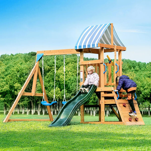2025 Swing Sets for Backyard, Wooden Swing Set, All-in-One Kids Outdoor Play Equipment with Two Swings, Slide, Rock Climbing Wall, Blackboard, Telescope, Fort, Outdoor Playset for Kids & Toddlers
