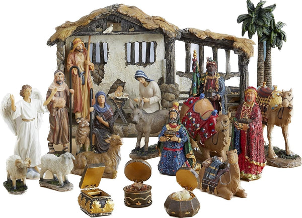 2025 Three Kings Gifts Nativity Set for Christmas Indoor 23 Piece 5 Inch Figures with Lighted Stable, Palm Tree and Chests of Gold, Frankincense and Myrrh