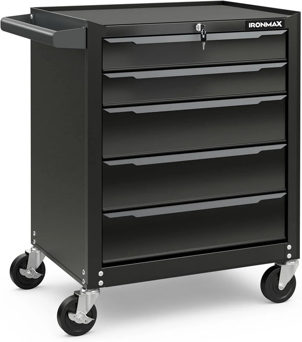 2025 Goplus 5-Drawer Rolling Tool Chest, Steel Tool Storage Cabinet with Handle, Hanging Holes, Central Keyed Locking System, Universal Lockable Wheels, Tool Organizer Box for Garage Workshop
