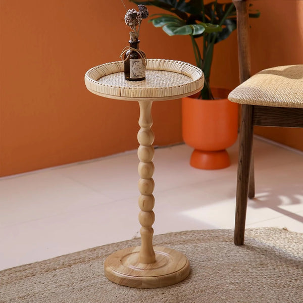 2025 Drink Table，Rattan Round Small Side Table for Small Spaces, Boho Circle End Table Coffee Table with Solid Wood Leg for Living Room, Pedestal Table for Bedroom, Corners