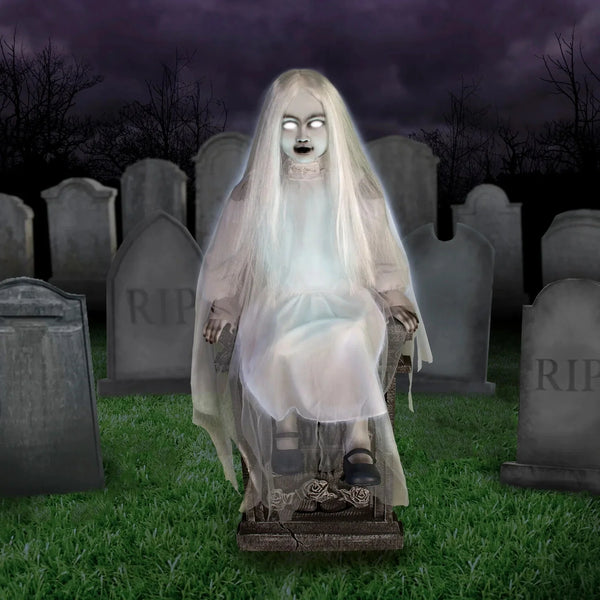 2025 Motion-Activated Sitting Tombstone Girl by Tekky, Talking Animatronic for Ind...