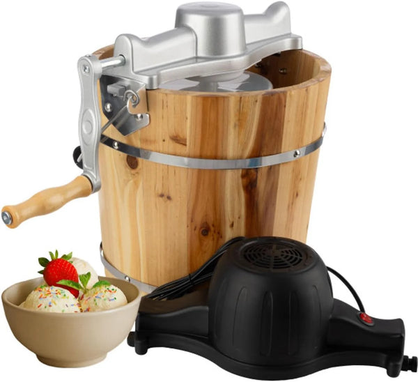 2025 Electric Ice Cream Maker Machine - 4 Quart Old Fashioned Icecream Maker with Hand Crank and Electric Paddle - Pine Wood Bucket Ice Cream Machine for Frozen Yogurt, Gelato, Sorbet by Classic Cuisine