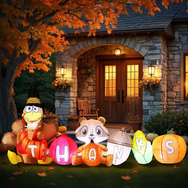 2025 DomKom 8FT Thanksgiving Inflatable Turkey Outdoor Decor - Turkey and Vegetables Blow Up with Lights for Yard, Fun Autumns Fall Harvest Happy Thanksgiving Holiday Inflatable Decoration