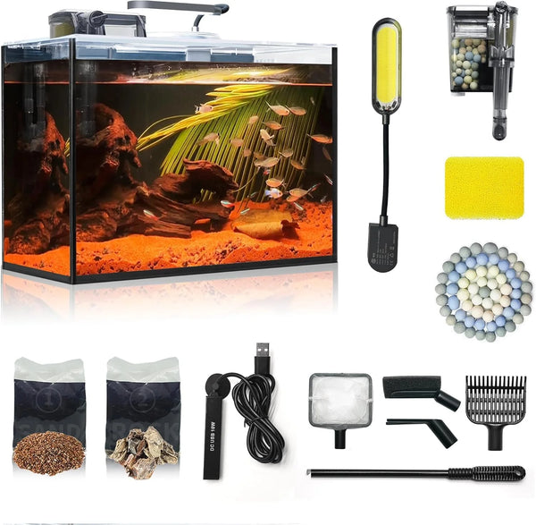 2025 Small Aquarium Set Glass 2.6 Gallon Fish Tank, Starter Kit with Heater Self Cleaning System Efficiency Filter Bright Light Rocks Gravel Cleaning Tool, Leak-Proof Ultra-Clear Rimless Desktop Betta Tank