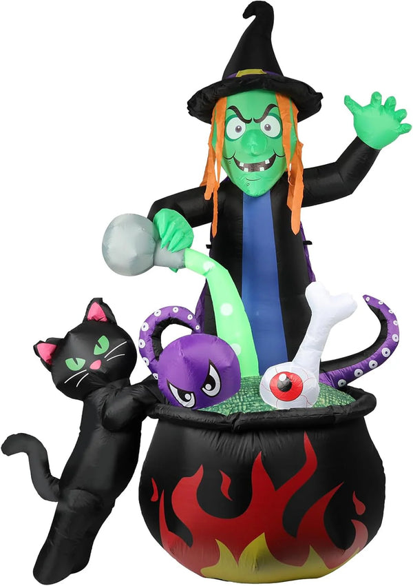 2025 Halloween Inflatable Witch with Cauldron Pot 6FT Halloween Blow Up Inflatables Outdoor Decorations with Build-in LEDs for Home Yard Lawn Garde