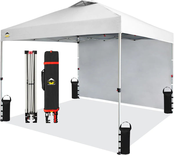 2025 10x10 Pop Up Canopy with 1 Side Wall - Beach Tent with One Push Setup - Outdoor Sun Shade for Events, Parties, Camping - Gazebo with STO-N-Go Cover Bag (White)