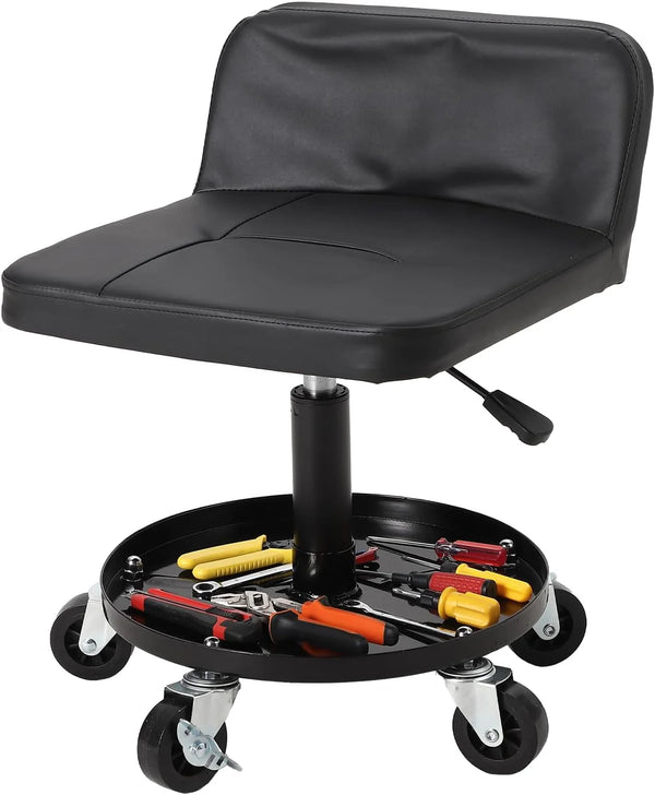 2025 Rolling Shop Stool w/ 3" Locking Swivel Wheels, 300LB Capacity, 18"-22" Height Adjustable with Soft Cushion & Tool Tray, Telescoping Mechanic Seat for Garage, Auto Repair, Heavy-Duty, Black