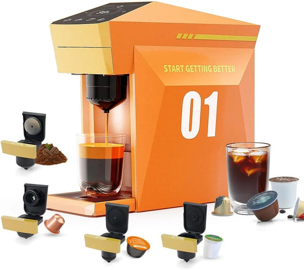 2025 BENFUCHEN 4 in1 Single Serve Coffee Maker, 19 Bar Espresso Maker Coffee Machine For KCup/Nespresso OriginalLine Capsules/Dolce Gusto/Ground Coffee, Vibrant Orange