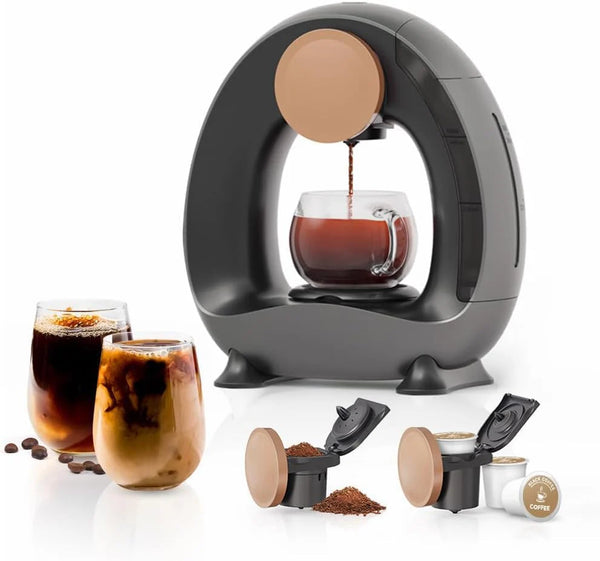 2025 Pod and Grounds Single-Serve Coffee Maker, 2 in 1 One Cup Coffee Machine Compatible with K-Cup Pod & Coffee Grounds/Tea, Compact Design, 4-8oz, Grey