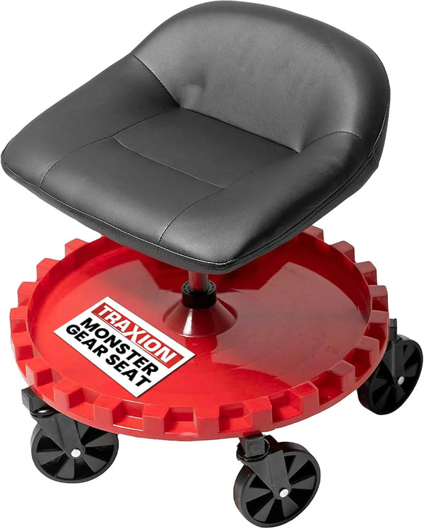 2025 2-230 Monster Rolling Padded Mechanic Stool Seat Garage Shop Roller Work Chair with Wheels and Tool Tray, Heavy-Duty 400-lb Capacity, All-Terrain 5" Casters, Black Red