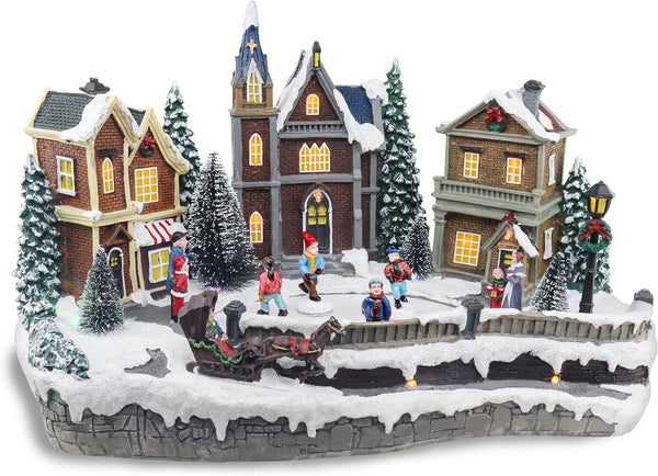2025 Large Animated Christmas Village Skating Town - Lighted Resin Musical Snow Scene