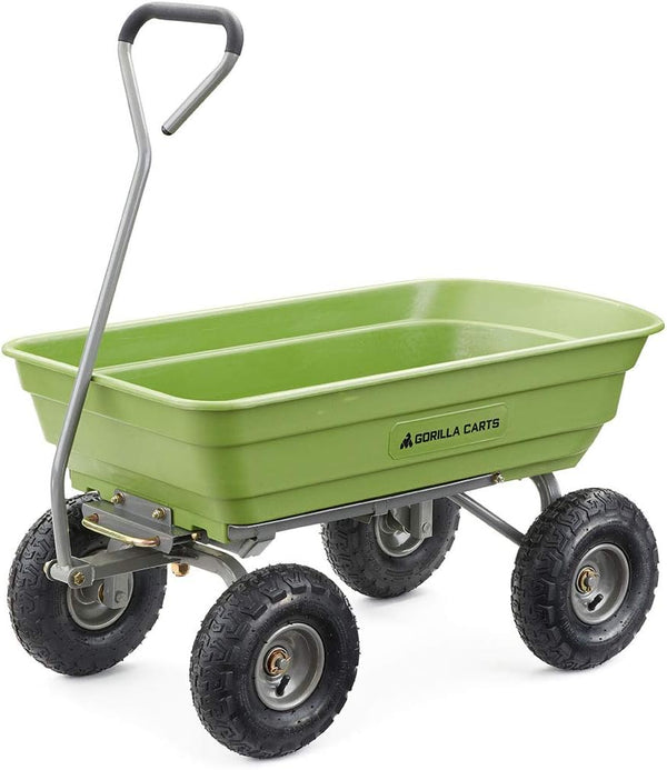 2025 Gorilla Carts Poly Garden Dump Cart, 4 Cu Ft Tub, 600 lb Haul Capacity, Green ¨C Heavy-Duty Utility Wagon with Quick-Release Dumping & Pneumatic Tires for Yard, Landscaping and Gardening