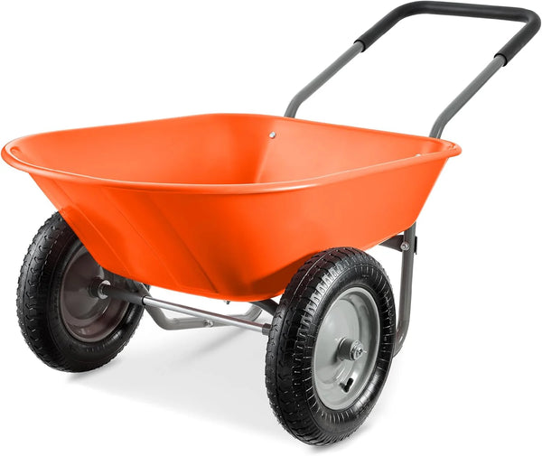 2025 Best Choice Products Dual-Wheel Home Utility Yard Wheelbarrow Garden Cart w/Built-in Stand for Lawn, Gardening, Construction - Orange
