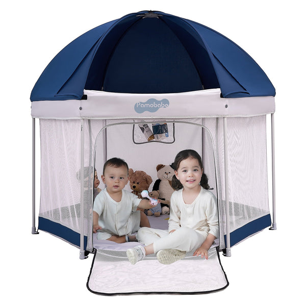 2025 Pamo Babe Outdoor Baby Playpen, Portable, Lightweight, Toddler Playard With Canopy and Travel Bag - Blue