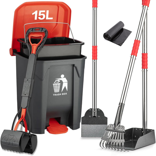 2025 Pooper Scooper Set,Dog Poop Tray and Rake Set for Large & Small Dogs Dog Pooper Scooper 15 Litre Step Dog Poop Trash Can Outside W/Removable Inner Bucket with 20 Waste Bags