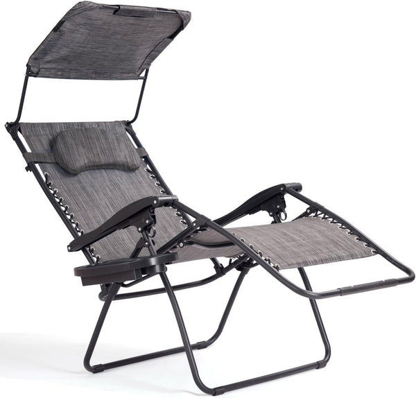 2025 Zero Gravity Chairs, X-Large Folding Lounge Lawn Chair w/Canopy Shade & Cup Holder, Adjustable Folding Patio Recliner for Pool Porch Deck Oversize (Grey)