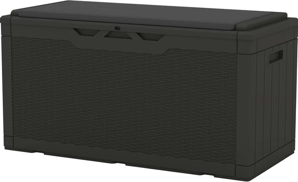 2025 Patiowell 100 Gallon Resin Deck Box with cushion, Waterproof Large Outdoor Storage Box for Patio Furniture and Garden Tools, Black