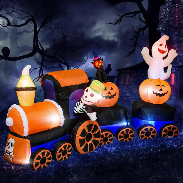 2025 9 Feet Halloween Inflatable Train with Kittens White Ghosts/Pumpkin with LED Lights Blow up Lighted Yard Decor Giant Lawn Halloween Inflatable Home Garden Party Favor Decoration
