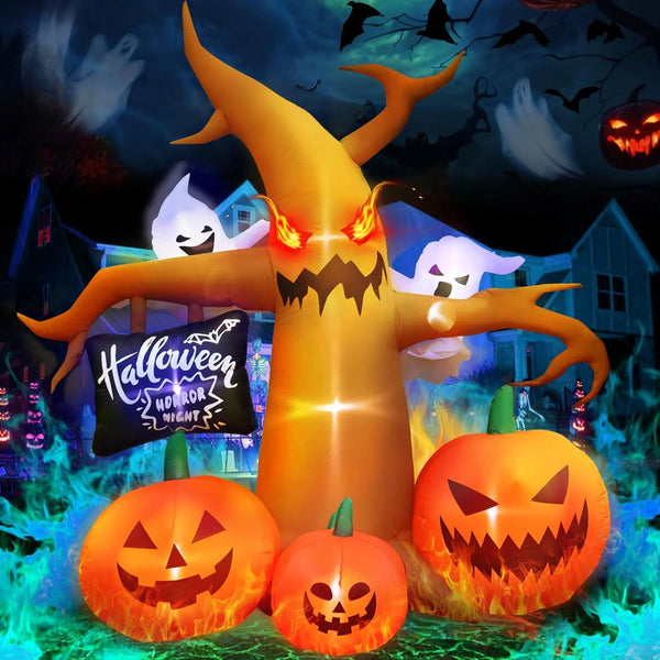 2025 Halloween Inflatables Large Outdoor Decorations: 8FT Spooky Halloween Tree Decor with Blow up Ghosts, Pumpkins Built-in LED Lights for Halloween Party Outside Lawn Yard Decoration