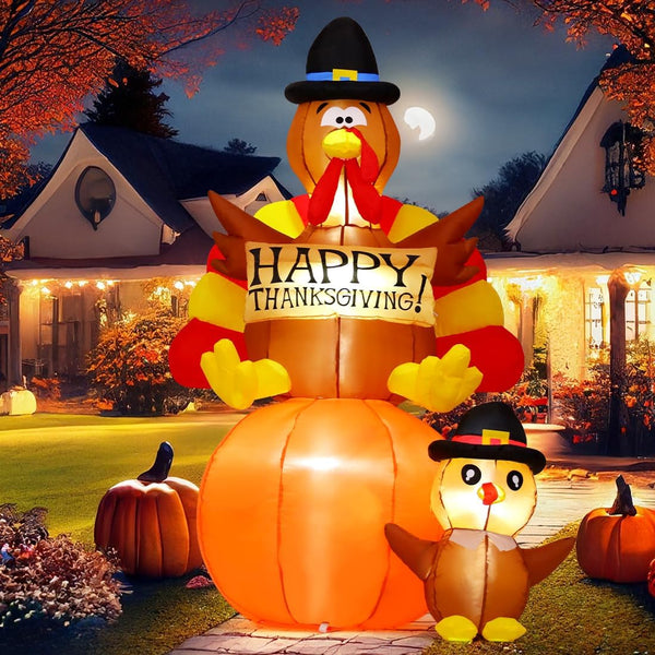 2025 6 FT Thanksgiving Inflatables Turkey Outdoor Decorations Blow Up Yard Turkey on Pumpkin with Turkey Baby with Built-in LEDs for Indoor Party Garden Lawn Decor