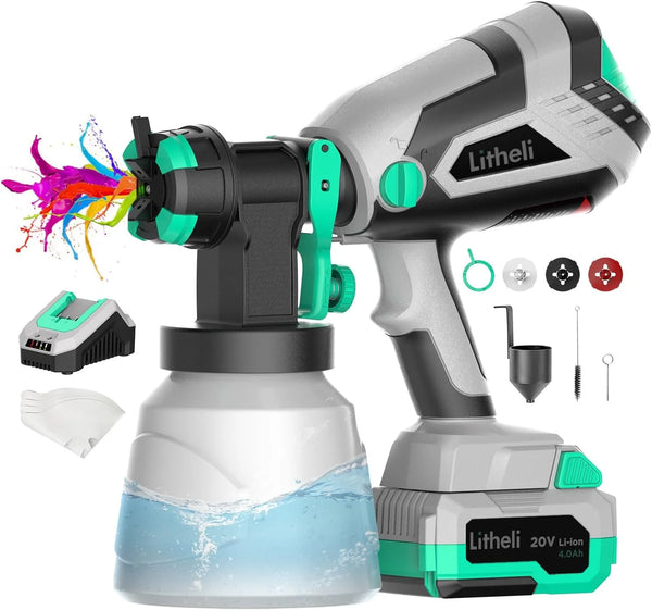 2025 Litheli Cordless Paint Sprayer with Battery of 20V 4.0Ah, HVLP Paint Sprayer Gun with 1000ml Container and 3 Nozzles, Electric Powerful Paint Sprayers for House and Furniture Painting Fence Wall
