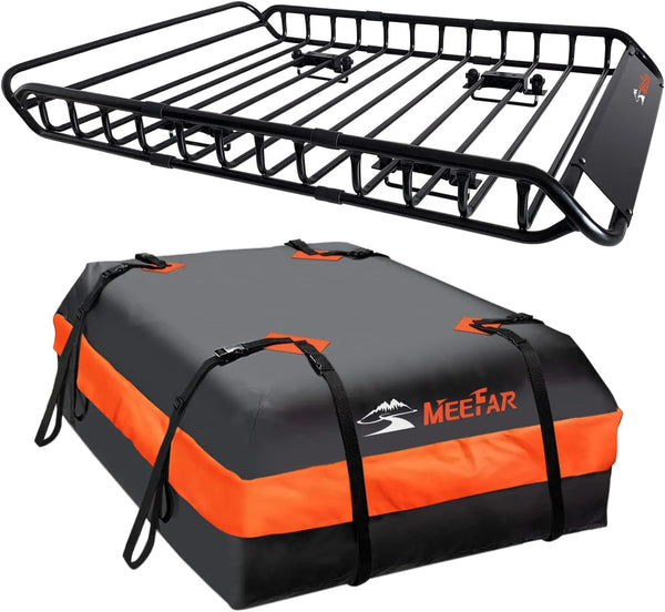 2025 MeeFar Roof Rack Carrier Basket Universal Rooftop 51" X 36" X 5" + Waterproof Bag 15 Cubic Feet (44" 34" 17"), and Cargo Net with Attachment Hooks, Ratchet Straps