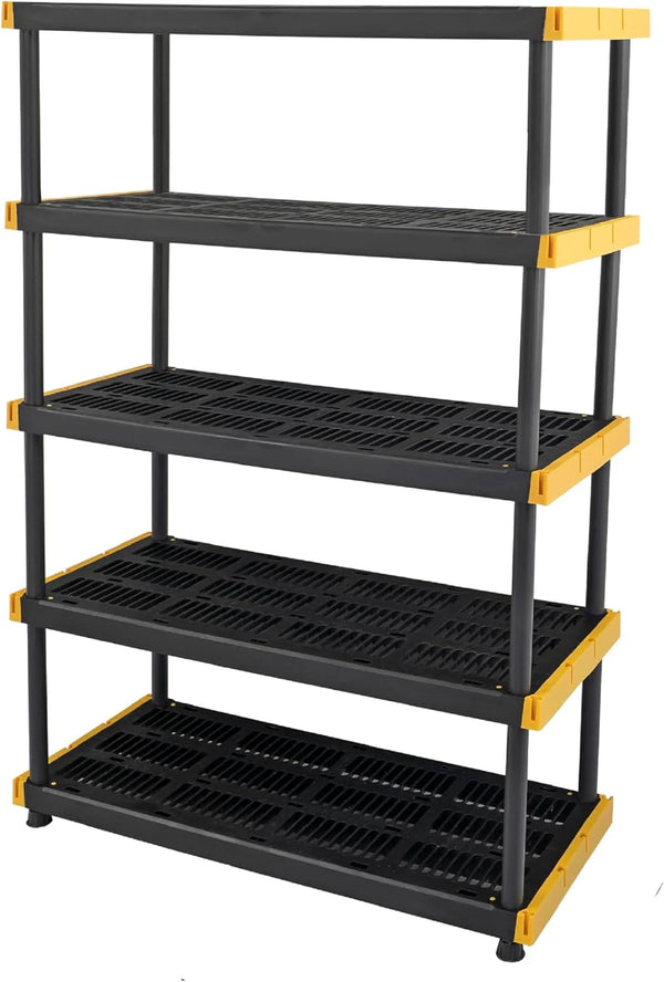 2025 Black & Yellow®, 5-Tier Heavy Duty Plastic Storage Shelving Unit, 200lbs/shelf (72”H x 48”W x 20”D), for Indoor/Outdoor Organization, Modular Rack