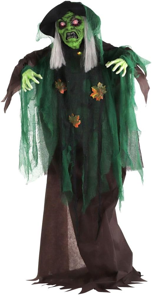 2025 Haunted Hill Farm Talking Forest Witch Halloween Animatronic with Movement and Lights for Battery Operated Scary Indoor or Covered Outdoor Halloween Decorations, Creepy Halloween Props for Home